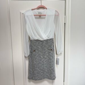 En Focus Studio White Chiffon Top Tweed Skirt Sheath Dress - Size 6